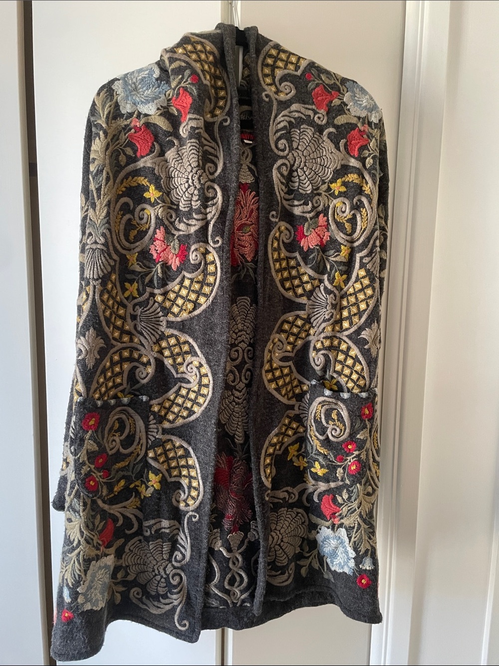Johnny Was Dark Gray Hooded Embroidered Cape with Gold, Red & Light Blue Accents